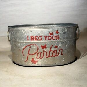 Dolly Parton Metal Tub with Red Lettering and Butterflies